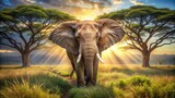 A Majestic Elephant Stands Tall in the Golden Light of a Sunset, Framed by the Silhouettes of Acacia Trees