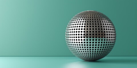 Poster - A metal sphere with holes in it sits on a mint green surface. AI.