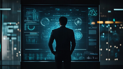Leinwandbilder - Business professional analyzing data on a futuristic display in a modern office at night