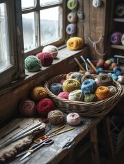 Wall Mural - A collection of colorful yarn balls in a basket, ready for knitting. AI.