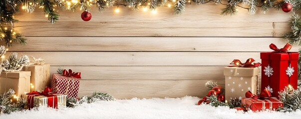 Christmas gifts on wooden background with snow and pine branches.