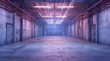 Sticker - An empty industrial space with fluorescent lights. AI.