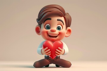 A cheerful cartoon character holding a red heart in a bright, minimalistic setting, conveying love and happiness