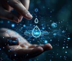 A hand manipulating digital water droplet amidst technology symbols representing innovation and connectivity