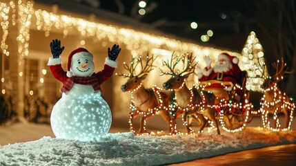 A cheerful snowman waving as Santa Claus rides past with his reindeer, all illuminated by twinkling Christmas lights