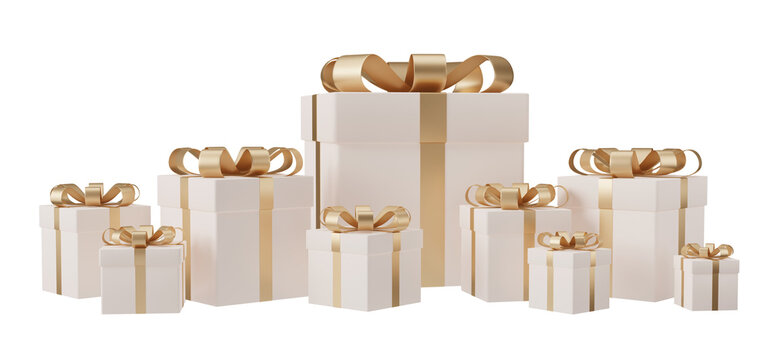 3D rendering pile of white gift boxes with gold ribbon isolated on transparent background, PNG file.	