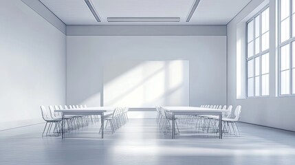 a modern white room with a large blank canvas, two tables, and rows of transparent chairs