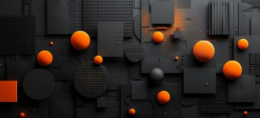 Poster - Abstract composition of textured shapes and spheres in orange and black tones, creating a modern, artistic ambiance