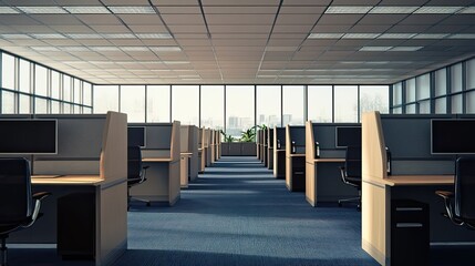 Poster - Empty Modern Office Space with Cubicles and a City View