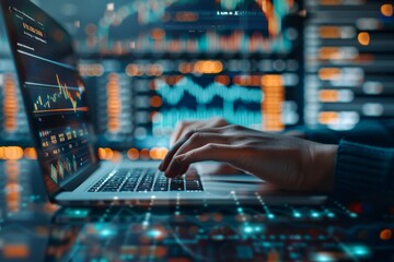 Poster - analyzing financial data on a laptop in a modern workspace with glowing analytics charts displayed i