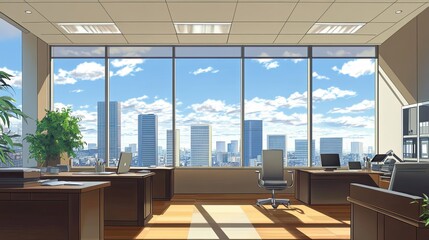 Poster - Modern Office with City Skyline View and Sunlight Streaming Through Windows