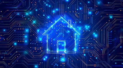 Poster - A glowing house outline displays on a vibrant blue circuit board background filled with digital connections and sparkles during the night