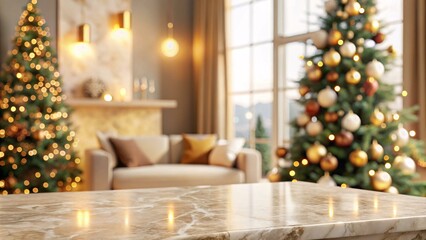 A marble countertop with a blurred background of a living room with two Christmas trees, one on each side of the countertop. The Christmas tree on the right side of the photo has gold and white