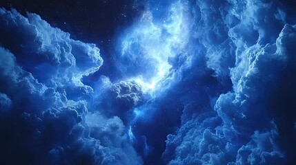 Wall Mural - A figure of a human breathing into the cosmos, with nebula clouds and galaxies expanding from their breath. The abstract, deep space background is filled with stars.