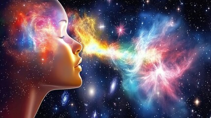 a figure of a human breathing into the cosmos, with nebula clouds and galaxies expanding from their 