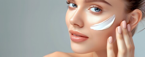 a woman gently applies a white facial cream on her cheek, emphasizing skin care and beauty routine, 