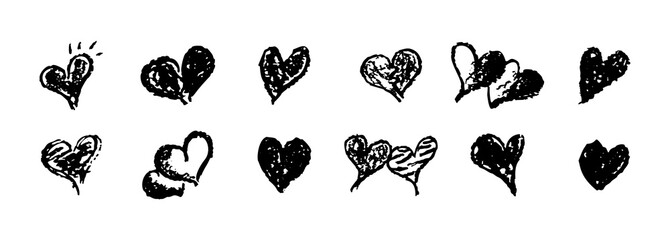 Wall Mural - set of black hearts signs drawn by wax pencil. love symbols in doodle style. collection of hand draw