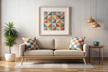 Wall Mural - Modern living room with geometric abstract art and beige sofa