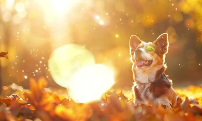 Canvas Print - Happy Dog Enjoying Autumn Sunshine in a Leafy Park with Golden Leaves and Warm Light