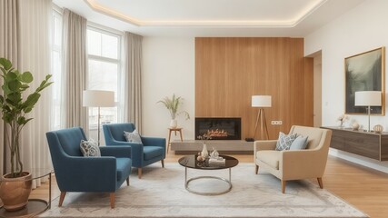 Modern living room with fireplace and two blue armchairs.