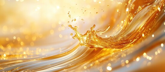 Abstract background of golden liquid splash with bokeh lights.