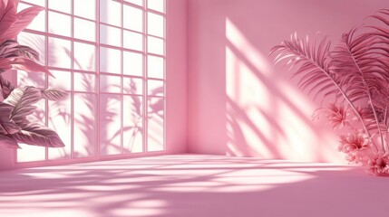 Poster - 3D rendering of an abstract pink gradient studio background for product presentation featuring an empty room with shadows of windows flowers and palm leaves providing ample copy space