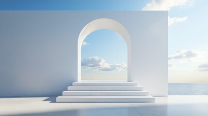 Poster - empty podium and stair stand with an arch for product presentation minimalistic studio featuring a b
