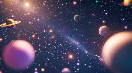 Poster - A photo showcasing a star filled night sky with planets and galaxies rendered in 3D cartoon style