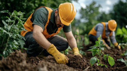 Two workers in orange vests and helmets are planting in garden, showcasing teamwork and dedication to agriculture