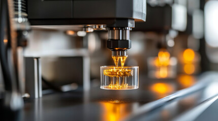 image showcases close up of precision machine with transparent container, highlighting intricate details of manufacturing process. warm glow from machinery adds sense of innovation and technology