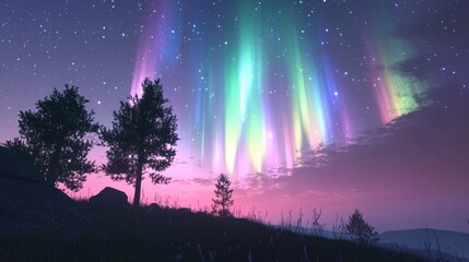 Poster - 3D cartoon rendering of aurora in a natural sky setting