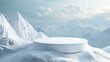 © VRVisionary - Abstract 3D rendered winter scene featuring an icy podium on a snow covered mountain designed for showcasing cosmetic beauty products or skincare in an empty round format