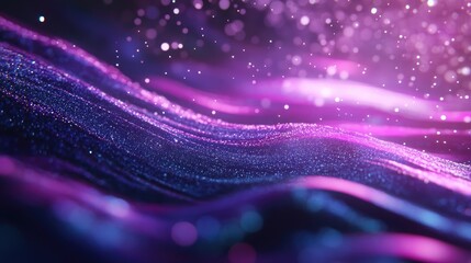 Poster - Flowing particle stream on a vibrant purple backdrop filled with luminous particles Abstract design representing information technology created through 3D rendering