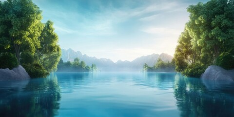 Serene morning view of a tranquil lake garden, Peaceful morning scenery of a calm lake with gardens