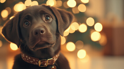 cute brown puppy with big expressive eyes sits in front of softly lit background, evoking warmth and joy during festive season