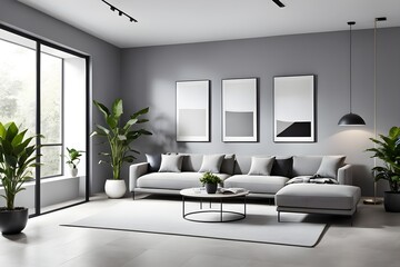 A minimalist living room with clean lines and neutral tones, featuring a modern grey sofa