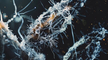 Ancient microbes under microscope reveal intricate cellular structures, showcasing their mysterious and ancient nature, ideal for scientific and educational content.