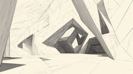 Line art illustration featuring abstract three dimensional architectural design
