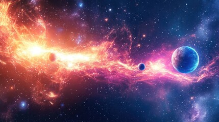 Poster - Abstract background with shiny space futuristic shapes and wave illustration in a 3D cartoon rendering An explosion of stars and distant planets in a solar system