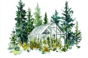 A serene watercolor depiction of a greenhouse nestled among lush green trees, creating a tranquil natural setting.