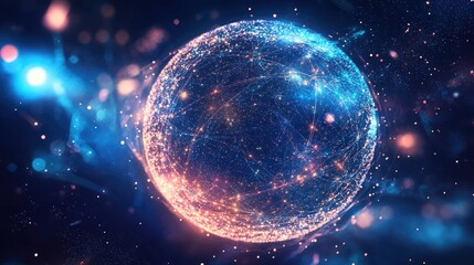 Poster - Illuminated 3D particle sphere in space representing abstract concepts of technology science engineering and artificial intelligence A futuristic energy orb design