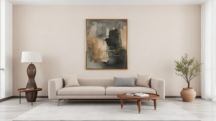 Poster - A modern living room with a beige sofa, a wooden coffee table, and an abstract painting.