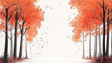 Poster - Group Of Gray Trees Surrounding A White Empty Space In The Center White Background With Text Area Trees With Vibrant Orange Leaves Ai Generated Image