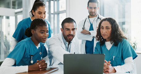 Wall Mural - Doctor, team or laptop with discussion in clinic for healthcare treatment innovation or IRB approval report. Diversity, nurse or medical staff in hospital boardroom with technology for patient record