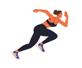 Poster - Female sprinter running at high speed. Woman runner, athlete, sprinting, jogging, training. Healthy active jogger workout, sport exercise. Flat vector illustration isolated on white background