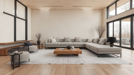 Poster - Modern living room with a large sectional sofa and a wooden coffee table.