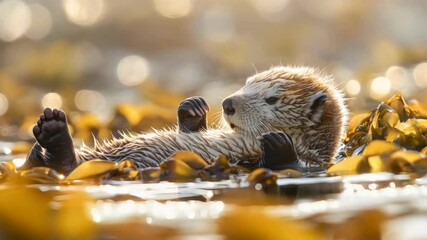 Aufkleber - A baby otter is laying on top of some seaweed
