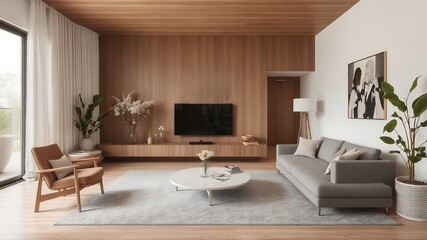 Poster - Modern living room with wood walls and a gray sofa.