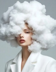 A model with an avant-garde hairstyle resembling fluffy clouds, dressed in all white, embracing conceptual fashion and whimsical art.