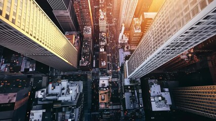 Poster - A cityscape with tall buildings and a bright orange sun in the sky